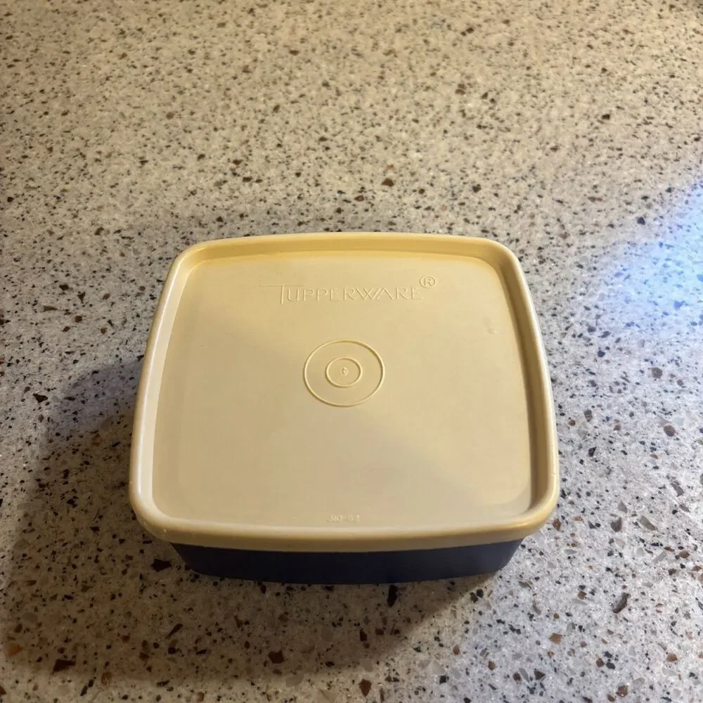 Vintage Tupperware Square with Lid - blue/tan, 1980s-1990s 311-25 & 310-62